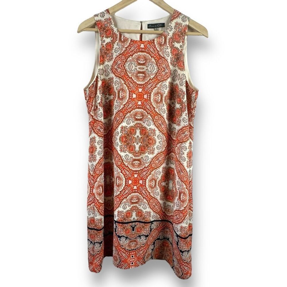 Rose + Olive Women's 10 Sleeveless Shift Dress Orange‎ Mandala Paisley Bohemian